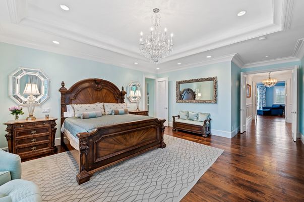 Bedroom, Chandelier, Interior, Recessed Lighting, Wood Texture Flooring