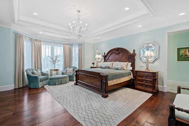 Bedroom, Chandelier, Interior, Recessed Lighting, Wood Texture Flooring