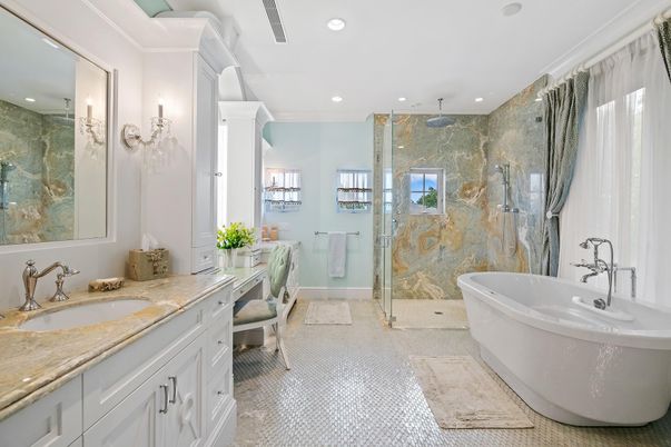 Bathroom, Dual Sink Vanities, Free Standing Baths, Glass Shower, Interior, Recessed Lighting