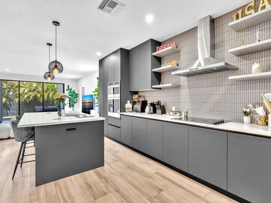 Interior, Kitchen, Pendant Lights, Recessed Lighting, Stainless Steel Appliances, Wood Texture Flooring