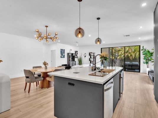 Dining room, Interior, Kitchen, Pendant Lights, Recessed Lighting, Wood Texture Flooring