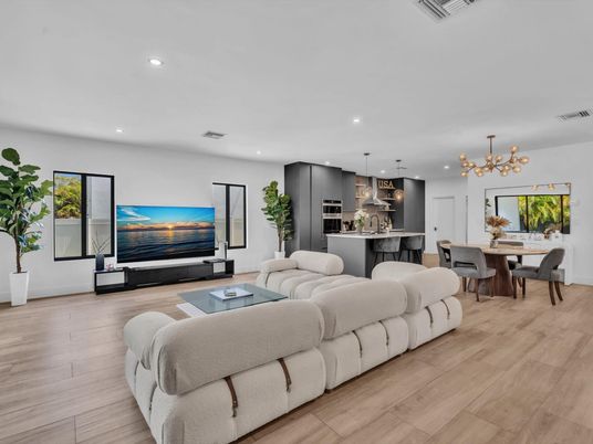 Dining room, Interior, Kitchen, Living room, Pendant Lights, Recessed Lighting, Stainless Steel Appliances, Wood Texture Flooring