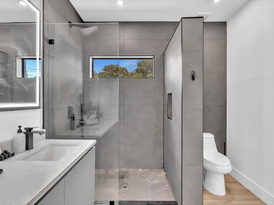 Bathroom, Glass Shower, Interior, Recessed Lighting, Wood Texture Flooring