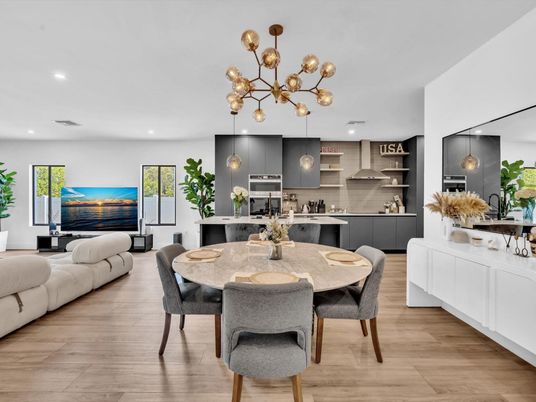 Dining room, Interior, Kitchen, Pendant Lights, Recessed Lighting, Stainless Steel Appliances, Wood Texture Flooring