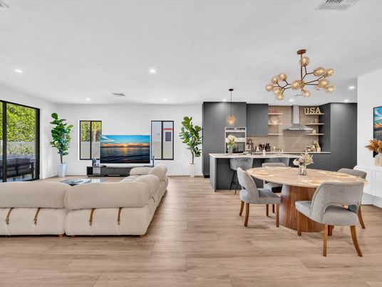 Dining room, Interior, Kitchen, Living room, Pendant Lights, Recessed Lighting, Stainless Steel Appliances, Wood Texture Flooring