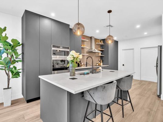Interior, Kitchen, Pendant Lights, Recessed Lighting, Stainless Steel Appliances, Wood Texture Flooring