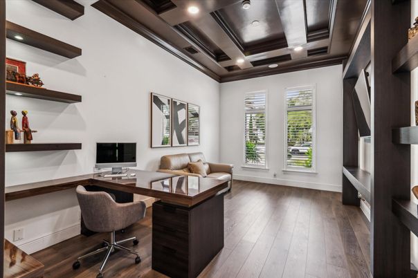 Home Office, Interior, Recessed Lighting, Wooden Ceilings, Wood Texture Flooring