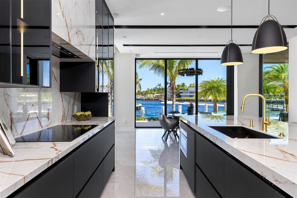 Interior, Kitchen, Marble, Marble Walls, Pendant Lights, Recessed Lighting, Water