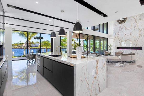 Fireplace, Interior, Kitchen, Living room, Marble Walls, Pendant Lights, Recessed Lighting, Water