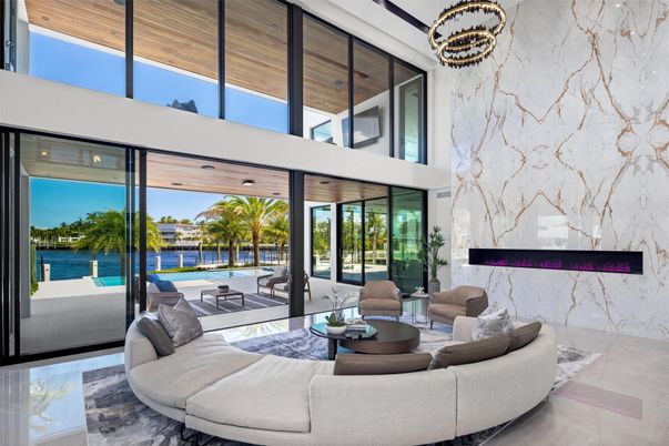 Interior, Living room, Marble Walls, Water, Wooden Ceilings