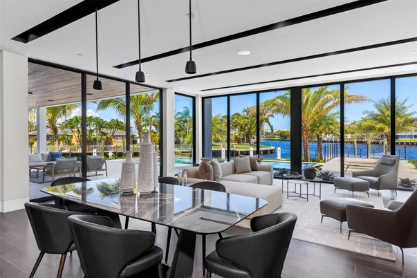 Dining room, Interior, Living room, Pendant Lights, Recessed Lighting, Water, Wood Texture Flooring
