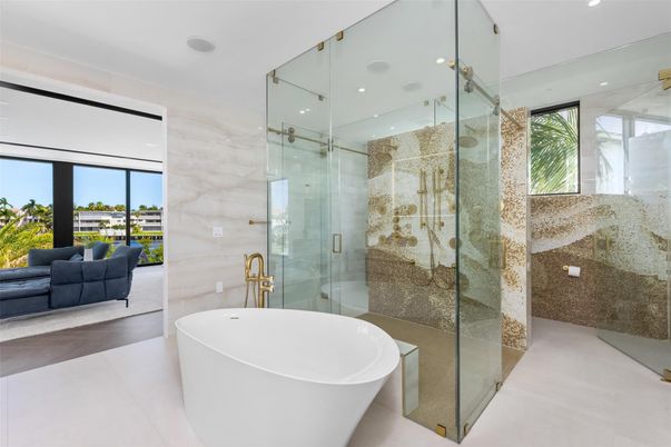 Bathroom, Free Standing Baths, Glass Shower, Interior, Marble Walls, Recessed Lighting