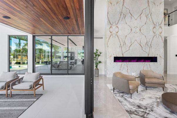 Fireplace, Interior, Living room, Marble, Marble Walls, Recessed Lighting, Wooden Ceilings