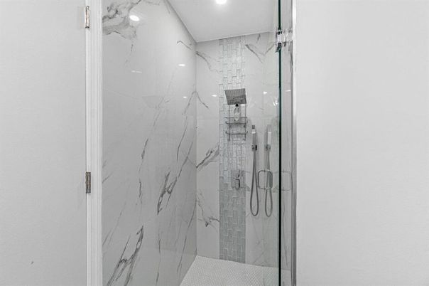 Bathroom, Glass Shower, Interior, Marble Walls, Recessed Lighting