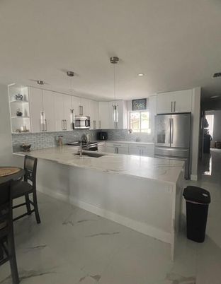 Interior, Kitchen, Marble, Pendant Lights, Recessed Lighting, Stainless Steel Appliances