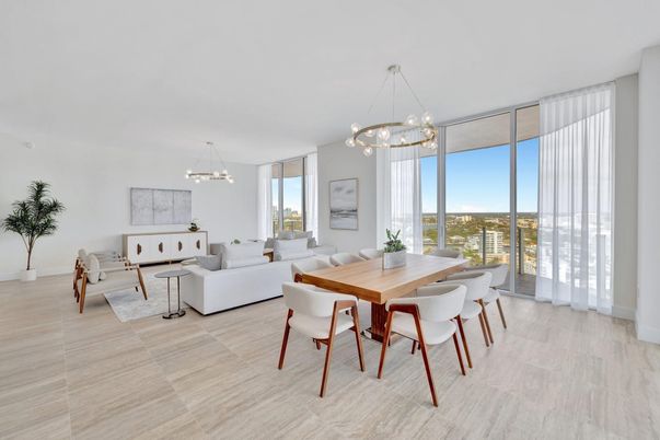 Dining room, Interior, Living room, Pendant Lights, Wood Texture Flooring