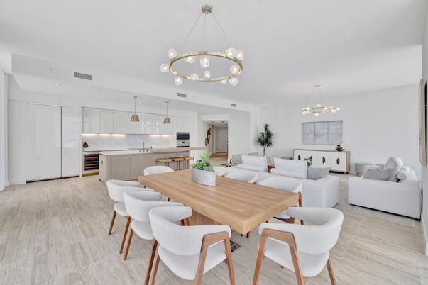 Dining room, Interior, Kitchen, Living room, Pendant Lights, Stainless Steel Appliances, Wood Texture Flooring