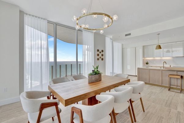 Dining room, Interior, Pendant Lights, Water, Wood Texture Flooring