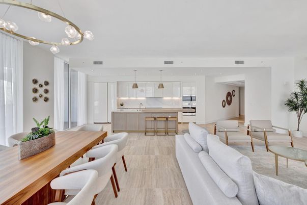 Dining room, Interior, Kitchen, Living room, Pendant Lights, Stainless Steel Appliances, Wood Texture Flooring