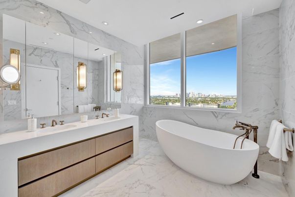 Bathroom, Dual Sink Vanities, Free Standing Baths, Interior, Marble, Marble Walls, Recessed Lighting