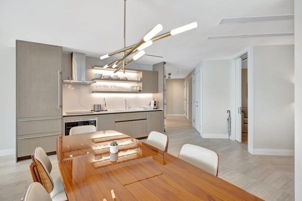 Dining room, Interior, Kitchen, Pendant Lights, Wood Texture Flooring