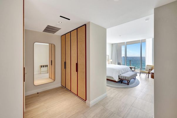 Bedroom, Interior, Recessed Lighting, Water, Wood Texture Flooring