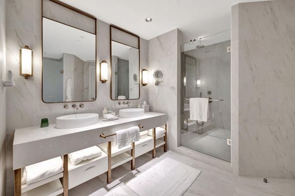 Bathroom, Dual Sink Vanities, Glass Shower, Interior, Marble Walls, Recessed Lighting