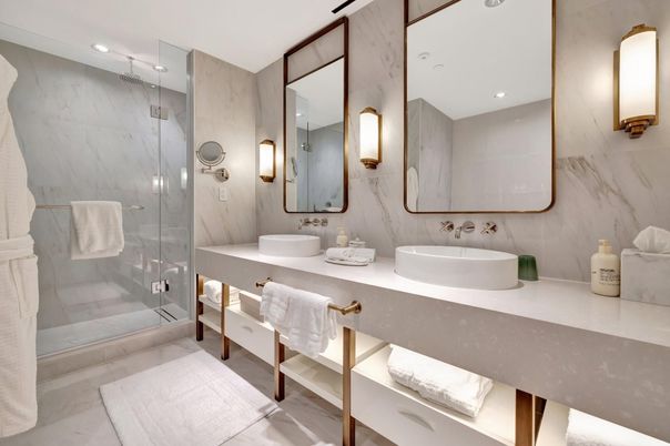 Bathroom, Dual Sink Vanities, Glass Shower, Interior, Marble Walls, Recessed Lighting