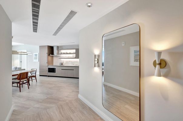 Dining room, Interior, Kitchen, Recessed Lighting, Stainless Steel Appliances, Wood Texture Flooring