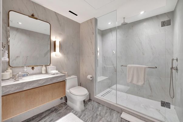 Bathroom, Glass Shower, Interior, Marble Walls, Recessed Lighting