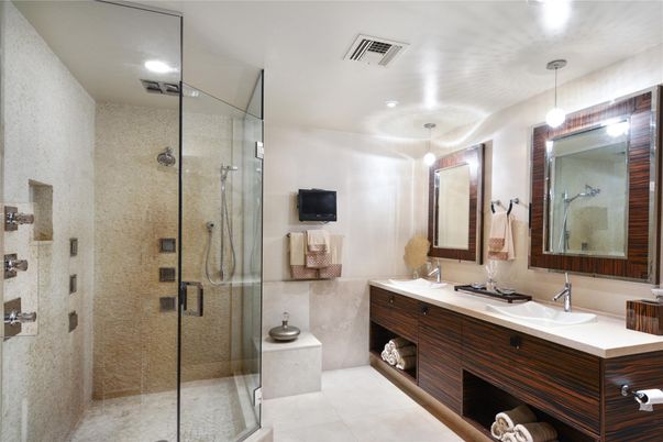 Bathroom, Dual Sink Vanities, Glass Shower, Interior, Pendant Lights, Recessed Lighting