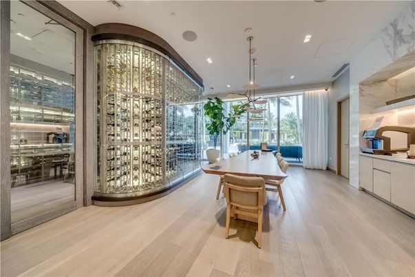 Dining room, Interior, Pendant Lights, Recessed Lighting, Wine Storage, Wood Texture Flooring