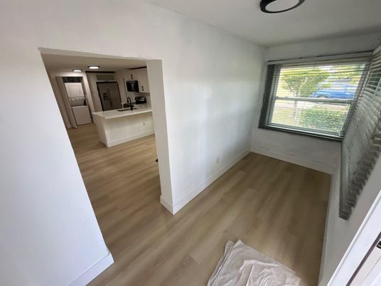 Empty room, Interior, Kitchen, Recessed Lighting, Wood Texture Flooring
