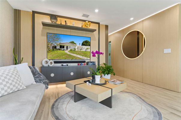 Interior, Living room, Recessed Lighting, Wood Texture Flooring, Wooden Walls