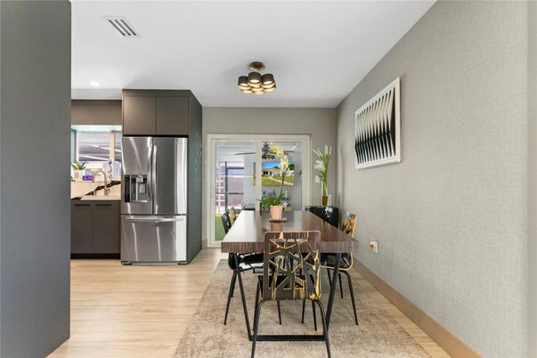 Dining room, Interior, Kitchen, Recessed Lighting, Stainless Steel Appliances, Wood Texture Flooring
