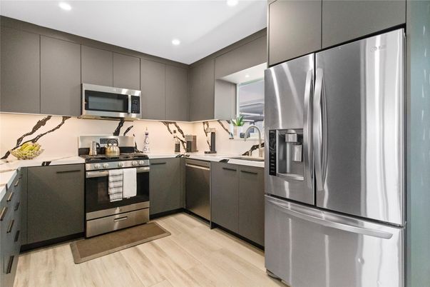 Interior, Kitchen, Recessed Lighting, Stainless Steel Appliances, Wood Texture Flooring