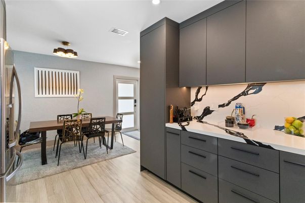 Dining room, Interior, Recessed Lighting, Wood Texture Flooring
