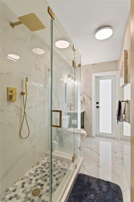 Bathroom, Glass Shower, Interior, Marble, Marble Walls, Recessed Lighting