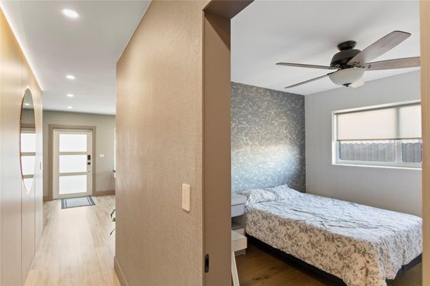 Bedroom, Interior, Recessed Lighting, Wood Texture Flooring