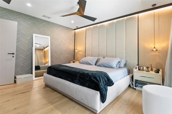Bedroom, Interior, Recessed Lighting, Wood Texture Flooring