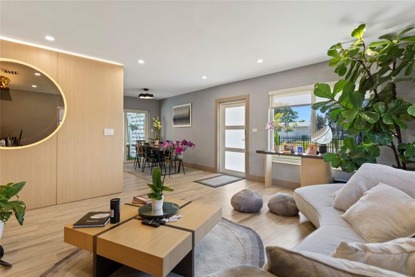 Dining room, Interior, Living room, Recessed Lighting, Wood Texture Flooring