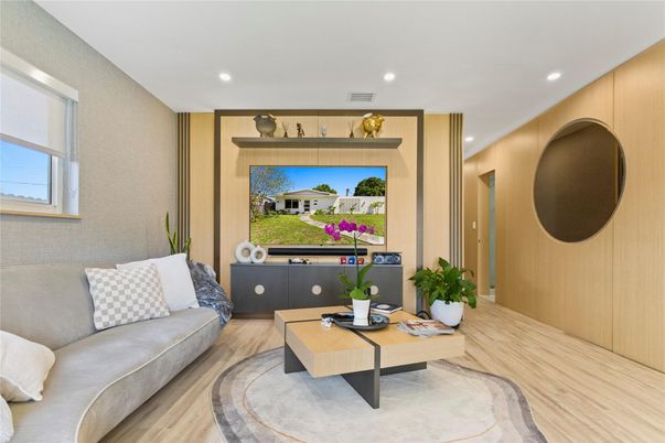 Interior, Living room, Recessed Lighting, Wood Texture Flooring