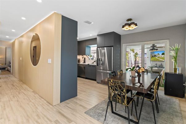 Dining room, Interior, Kitchen, Recessed Lighting, Stainless Steel Appliances, Wood Texture Flooring