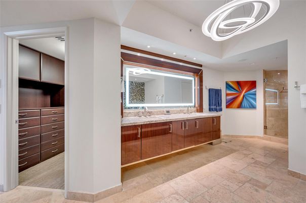 Bathroom, Dual Sink Vanities, Glass Shower, Interior, Pendant Lights, Recessed Lighting