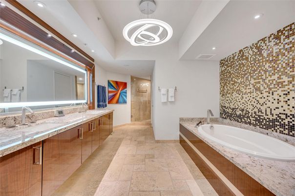 Bathroom, Dual Sink Vanities, Glass Shower, Interior, Pendant Lights, Recessed Lighting