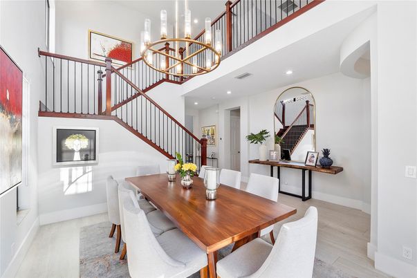 Chandelier, Dining room, Interior, Recessed Lighting, Wood Texture Flooring