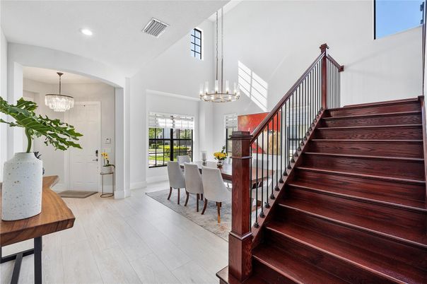 Chandelier, Dining room, Interior, Pendant Lights, Recessed Lighting, Wood Texture Flooring