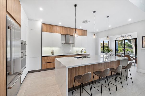 Interior, Kitchen, Pendant Lights, Recessed Lighting, Stainless Steel Appliances, Wood Texture Flooring