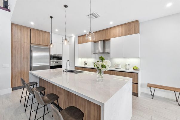 Interior, Kitchen, Pendant Lights, Recessed Lighting, Stainless Steel Appliances, Wood Texture Flooring