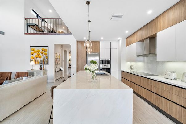 Interior, Kitchen, Pendant Lights, Recessed Lighting, Stainless Steel Appliances, Wood Texture Flooring
